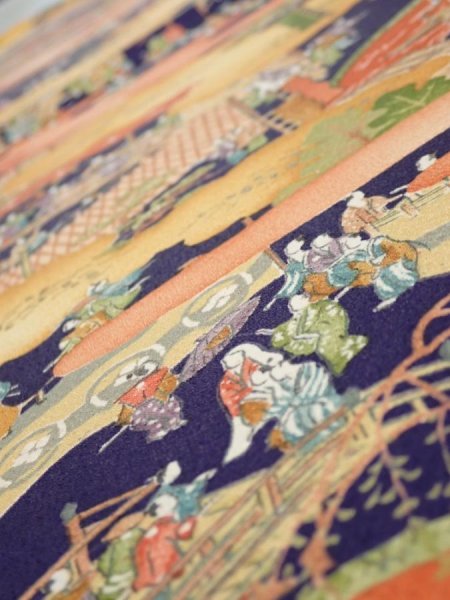 Photo4: 3G02z60  Japanese Kimono Silk  FABRIC Edo era Navy 40.2x14.2 (4)