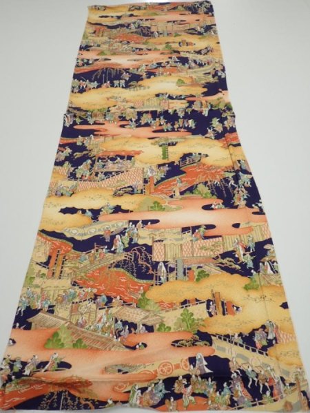 Photo5: 3G02z60  Japanese Kimono Silk  FABRIC Edo era Navy 40.2x14.2 (5)