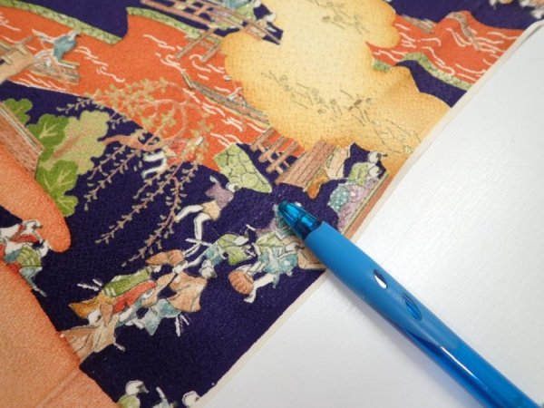 Photo6: 3G02z60  Japanese Kimono Silk  FABRIC Edo era Navy 40.2x14.2 (6)