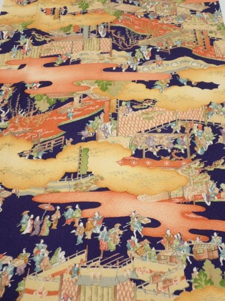 Photo1: 3G04z80  Japanese Kimono Silk  FABRIC Edo era Navy 62.2x14.4 (1)