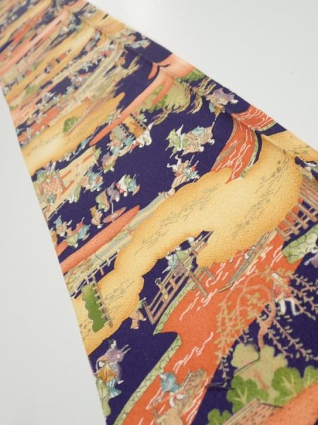 Photo1: 3G07z40  Japanese Kimono Silk  FABRIC Edo era Navy 58.3x7.1 (1)