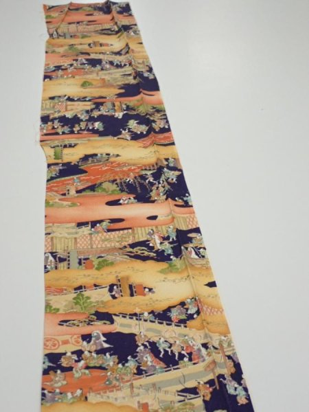 Photo3: 3G07z40  Japanese Kimono Silk  FABRIC Edo era Navy 58.3x7.1 (3)