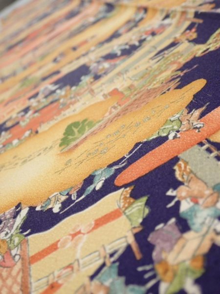 Photo4: 3G07z40  Japanese Kimono Silk  FABRIC Edo era Navy 58.3x7.1 (4)