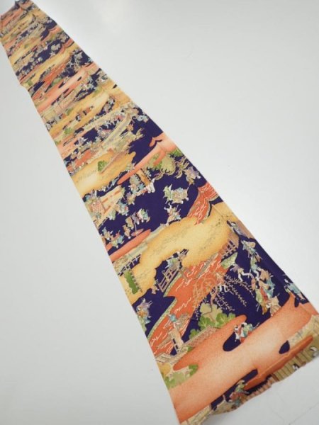 Photo5: 3G07z40  Japanese Kimono Silk  FABRIC Edo era Navy 58.3x7.1 (5)