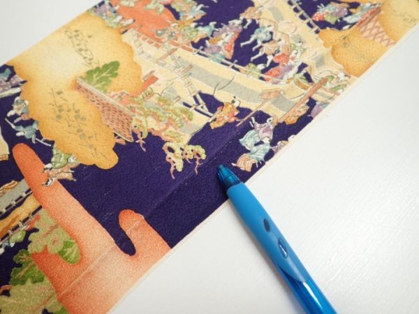 Photo6: 3G07z40  Japanese Kimono Silk  FABRIC Edo era Navy 58.3x7.1 (6)