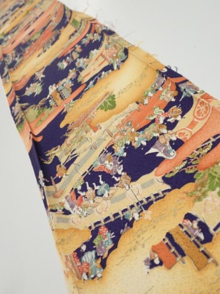 Photo1: 3G08z40  Japanese Kimono Silk  FABRIC Edo era Navy 58.3x7.1 (1)