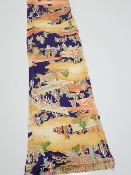 Photo2: 3G08z40  Japanese Kimono Silk  FABRIC Edo era Navy 58.3x7.1 (2)