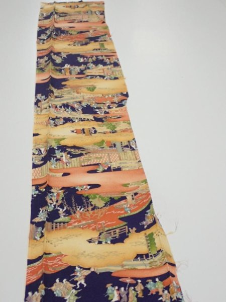 Photo3: 3G08z40  Japanese Kimono Silk  FABRIC Edo era Navy 58.3x7.1 (3)
