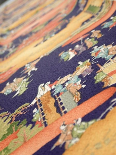 Photo4: 3G08z40  Japanese Kimono Silk  FABRIC Edo era Navy 58.3x7.1 (4)