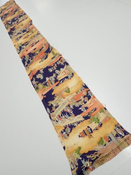Photo5: 3G08z40  Japanese Kimono Silk  FABRIC Edo era Navy 58.3x7.1 (5)