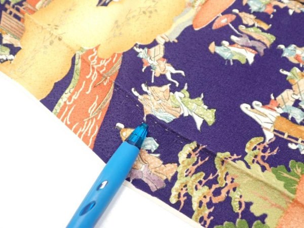 Photo6: 3G08z40  Japanese Kimono Silk  FABRIC Edo era Navy 58.3x7.1 (6)