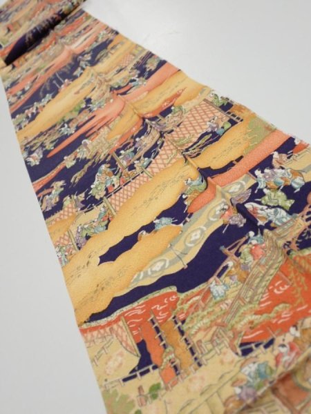 Photo1: 3G09z50  Japanese Kimono Silk  FABRIC Edo era Navy 72.4x7.1 (1)