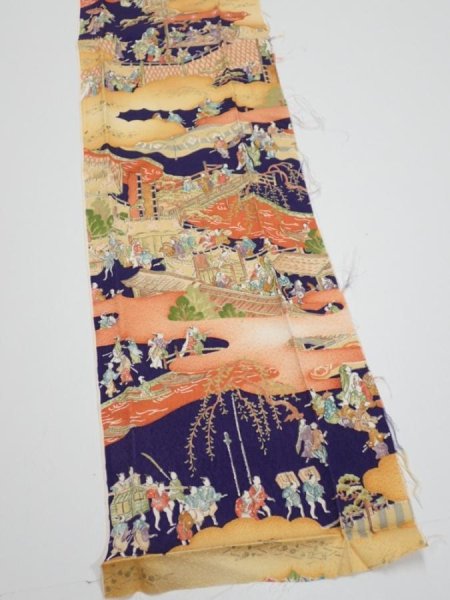 Photo2: 3G10z30  Japanese Kimono Silk  FABRIC Edo era Navy 36.6x7.1 (2)