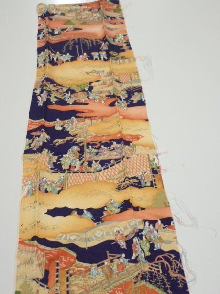 Photo3: 3G10z30  Japanese Kimono Silk  FABRIC Edo era Navy 36.6x7.1 (3)