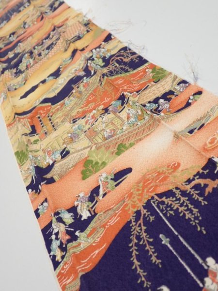 Photo4: 3G10z30  Japanese Kimono Silk  FABRIC Edo era Navy 36.6x7.1 (4)