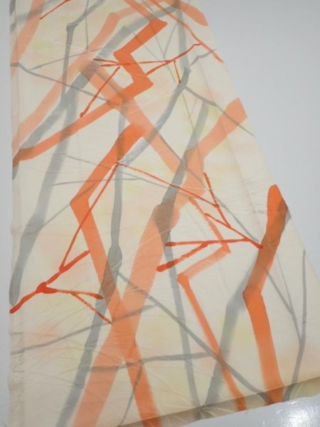 Photo2: 3G05z80  Japanese Kimono Silk  FABRIC Branch Light yellow 63.8x14.2 (2)