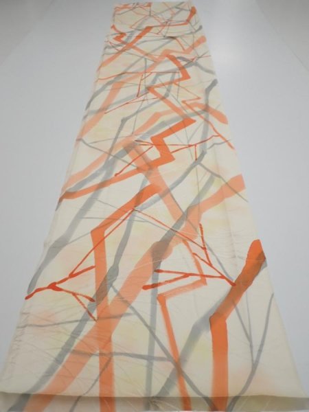 Photo5: 3G05z80  Japanese Kimono Silk  FABRIC Branch Light yellow 63.8x14.2 (5)