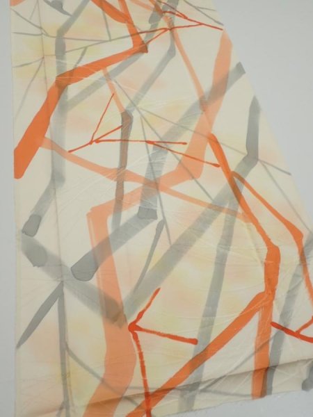 Photo2: 3G06z80  Japanese Kimono Silk  FABRIC Branch Light yellow 63.4x14.2 (2)