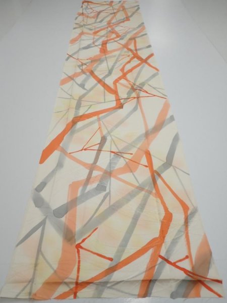 Photo5: 3G06z80  Japanese Kimono Silk  FABRIC Branch Light yellow 63.4x14.2 (5)