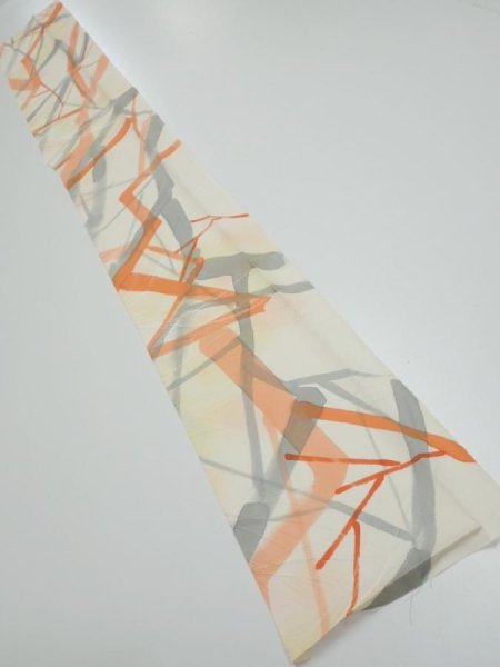 Photo5: 3G08z40  Japanese Kimono Silk  FABRIC Branch Light yellow 56.3x7.3 (5)