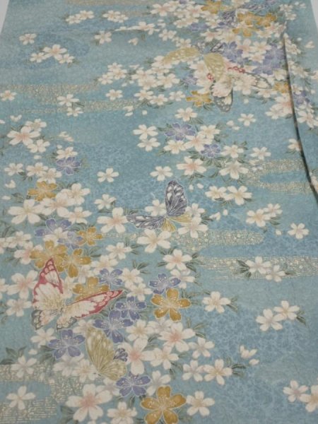 Photo1: 3G02z60  Japanese Kimono Silk  FABRIC Sakura Dull light blue 43.3x15.0 (1)