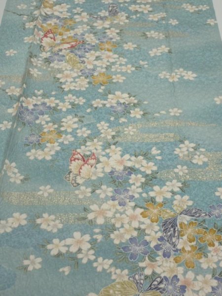 Photo1: 3G05z90  Japanese Kimono Silk  FABRIC Sakura Dull light blue 64.6x15.0 (1)
