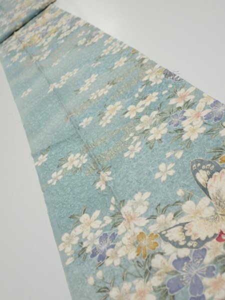 Photo1: 3G09z50  Japanese Kimono Silk  FABRIC Sakura Dull light blue 77.2x7.5 (1)