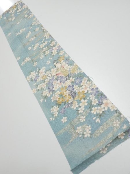Photo1: 3G10z30  Japanese Kimono Silk  FABRIC Sakura Dull light blue 36.2x7.5 (1)