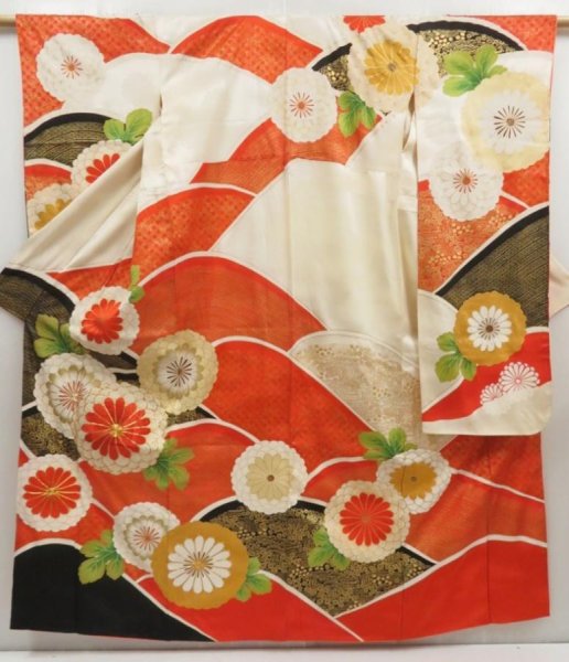 Photo1: 5507T14z960 Vintage Japanese Kimono Silk FURISODE Chrysanthemum Orangered (1)
