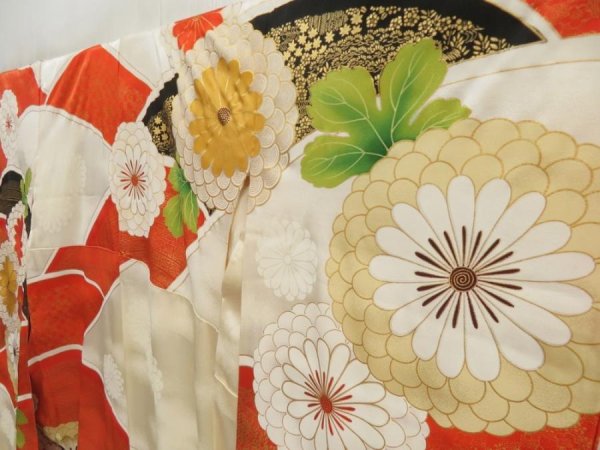 Photo2: 5507T14z960 Vintage Japanese Kimono Silk FURISODE Chrysanthemum Orangered (2)