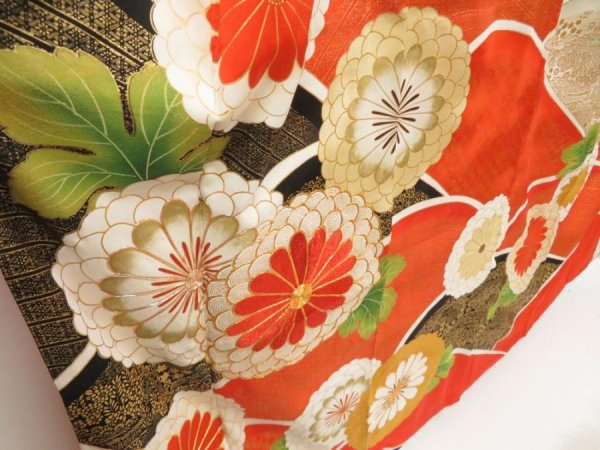 Photo3: 5507T14z960 Vintage Japanese Kimono Silk FURISODE Chrysanthemum Orangered (3)