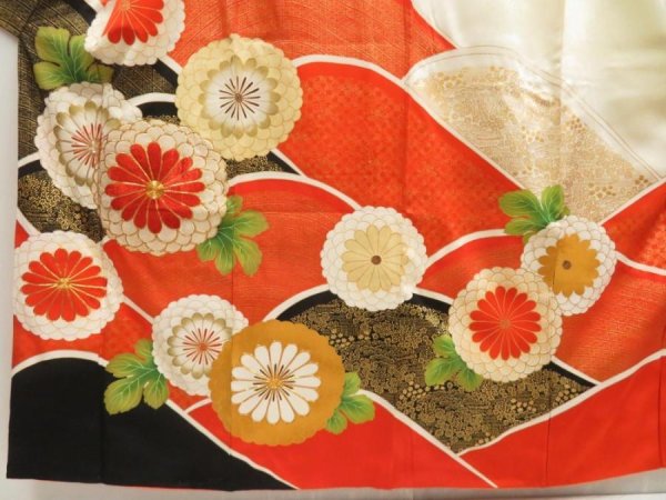 Photo5: 5507T14z960 Vintage Japanese Kimono Silk FURISODE Chrysanthemum Orangered (5)
