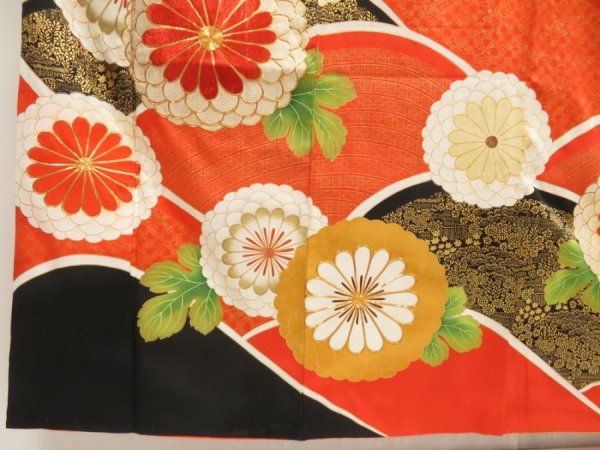 Photo6: 5507T14z960 Vintage Japanese Kimono Silk FURISODE Chrysanthemum Orangered (6)