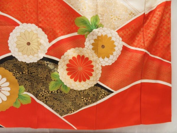 Photo7: 5507T14z960 Vintage Japanese Kimono Silk FURISODE Chrysanthemum Orangered (7)