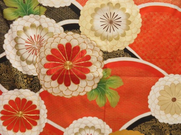 Photo8: 5507T14z960 Vintage Japanese Kimono Silk FURISODE Chrysanthemum Orangered (8)