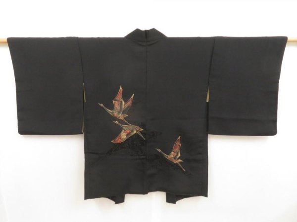 Photo1: 5507T03z560 Vintage Japanese Kimono Silk HAORI Flying crane Black (1)