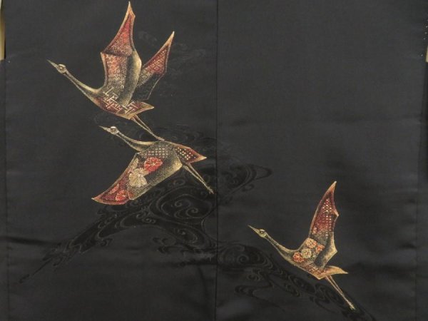 Photo3: 5507T03z560 Vintage Japanese Kimono Silk HAORI Flying crane Black (3)