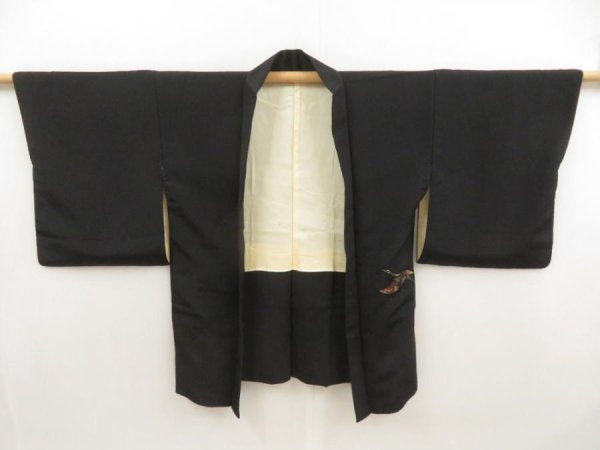 Photo5: 5507T03z560 Vintage Japanese Kimono Silk HAORI Flying crane Black (5)