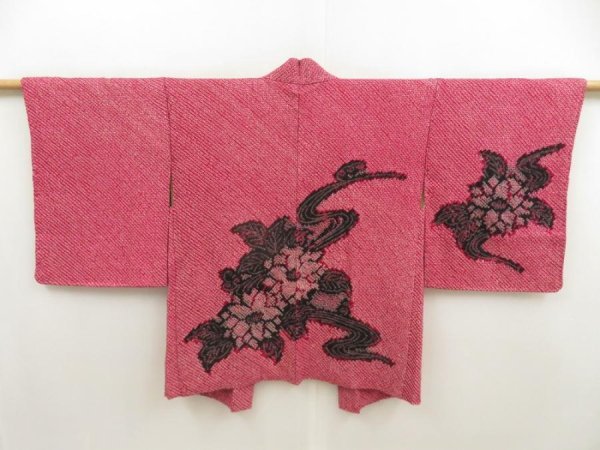 Photo1: 5507T04z490 Vintage Japanese Kimono Silk SHIBORI HAORI Flower Wine red (1)
