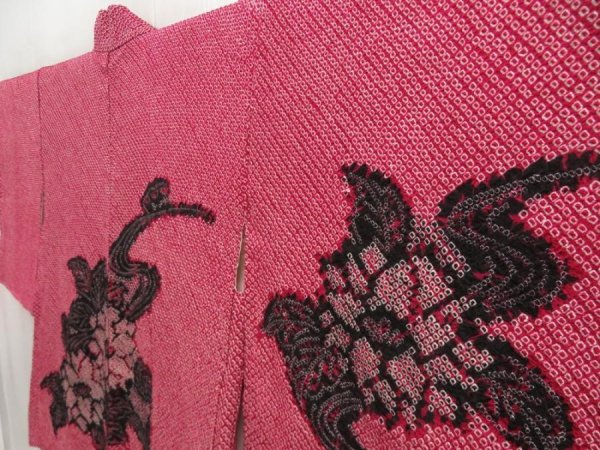 Photo2: 5507T04z490 Vintage Japanese Kimono Silk SHIBORI HAORI Flower Wine red (2)