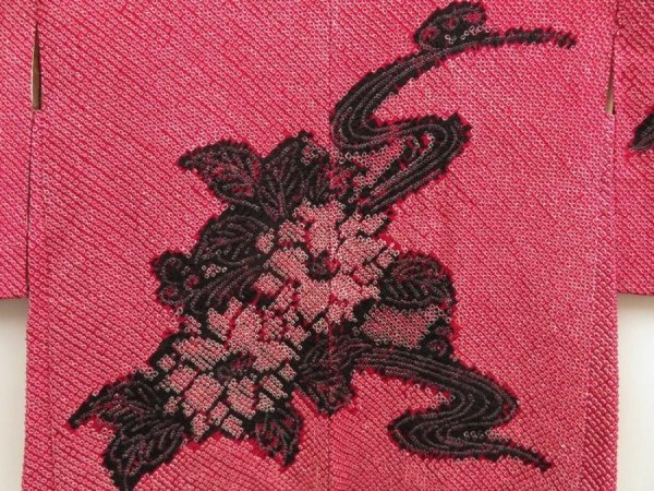 Photo3: 5507T04z490 Vintage Japanese Kimono Silk SHIBORI HAORI Flower Wine red (3)