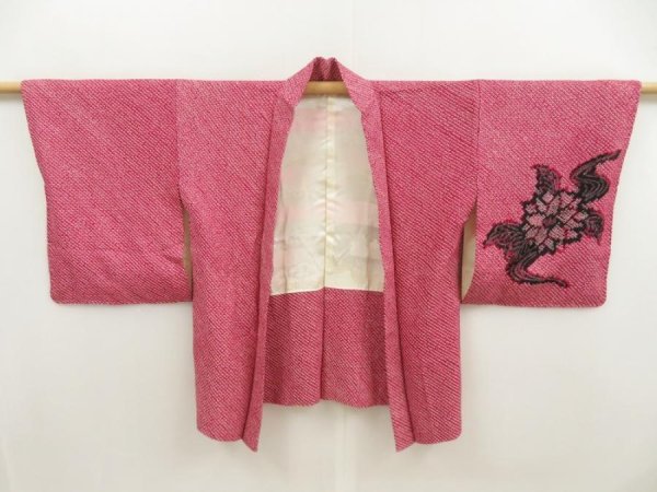 Photo5: 5507T04z490 Vintage Japanese Kimono Silk SHIBORI HAORI Flower Wine red (5)
