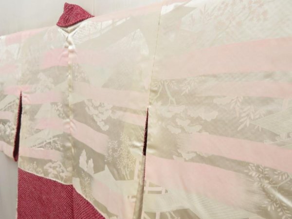 Photo7: 5507T04z490 Vintage Japanese Kimono Silk SHIBORI HAORI Flower Wine red (7)