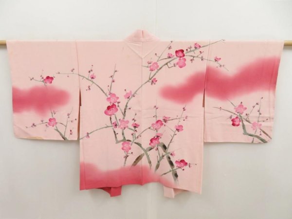 Photo1: 5507T05z550 Vintage Japanese Kimono Silk HAORI Plum blossom Pink (1)