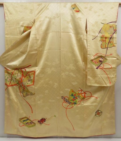 Photo1: 5507T12z1180 Vintage Japanese Kimono Silk FURISODE Makimono Straw yellow (1)