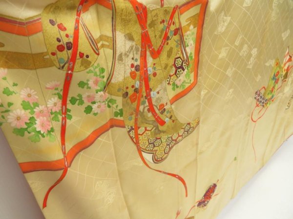 Photo3: 5507T12z1180 Vintage Japanese Kimono Silk FURISODE Makimono Straw yellow (3)