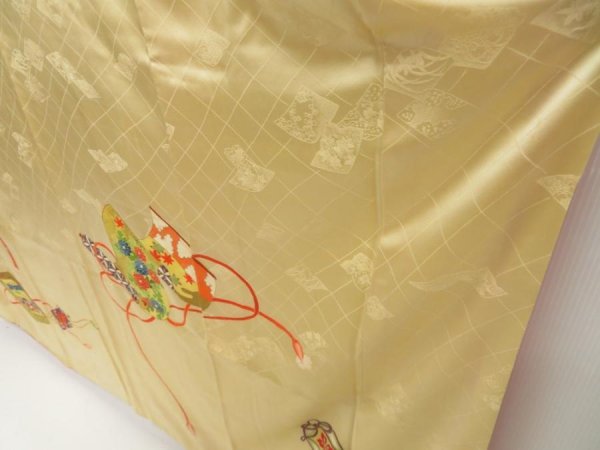 Photo4: 5507T12z1180 Vintage Japanese Kimono Silk FURISODE Makimono Straw yellow (4)