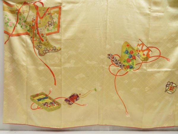 Photo5: 5507T12z1180 Vintage Japanese Kimono Silk FURISODE Makimono Straw yellow (5)