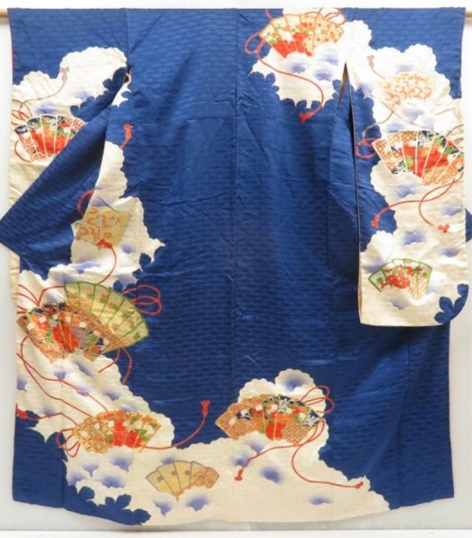 Photo1: 5507T13z950 Vintage Japanese Kimono Silk FURISODE Folding fan Dark blue (1)