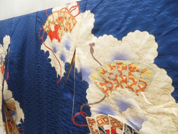 Photo2: 5507T13z950 Vintage Japanese Kimono Silk FURISODE Folding fan Dark blue (2)